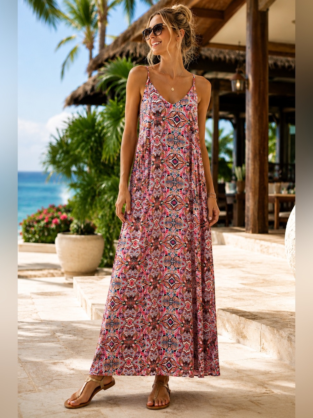 La Moda Boho Paisley Racerback Maxi Dress Pockets Rayon Resort Beach Size S/M